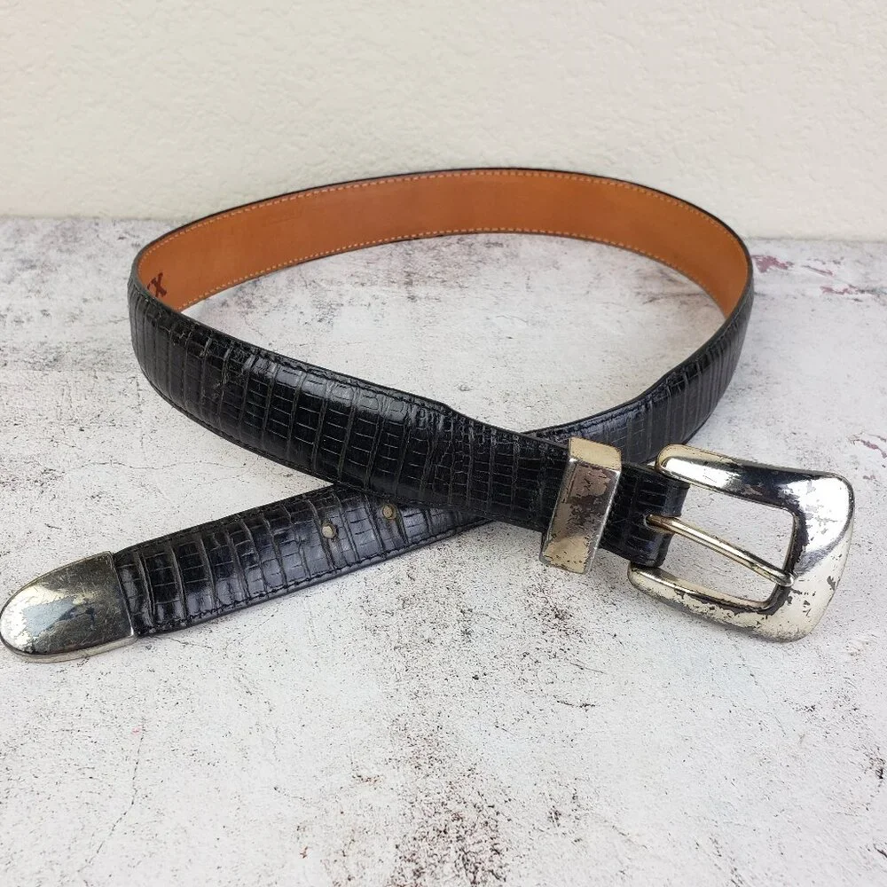Vintage Brighton ONYX Leather Belt Western Black Croc Texture Patina Rustic Boho